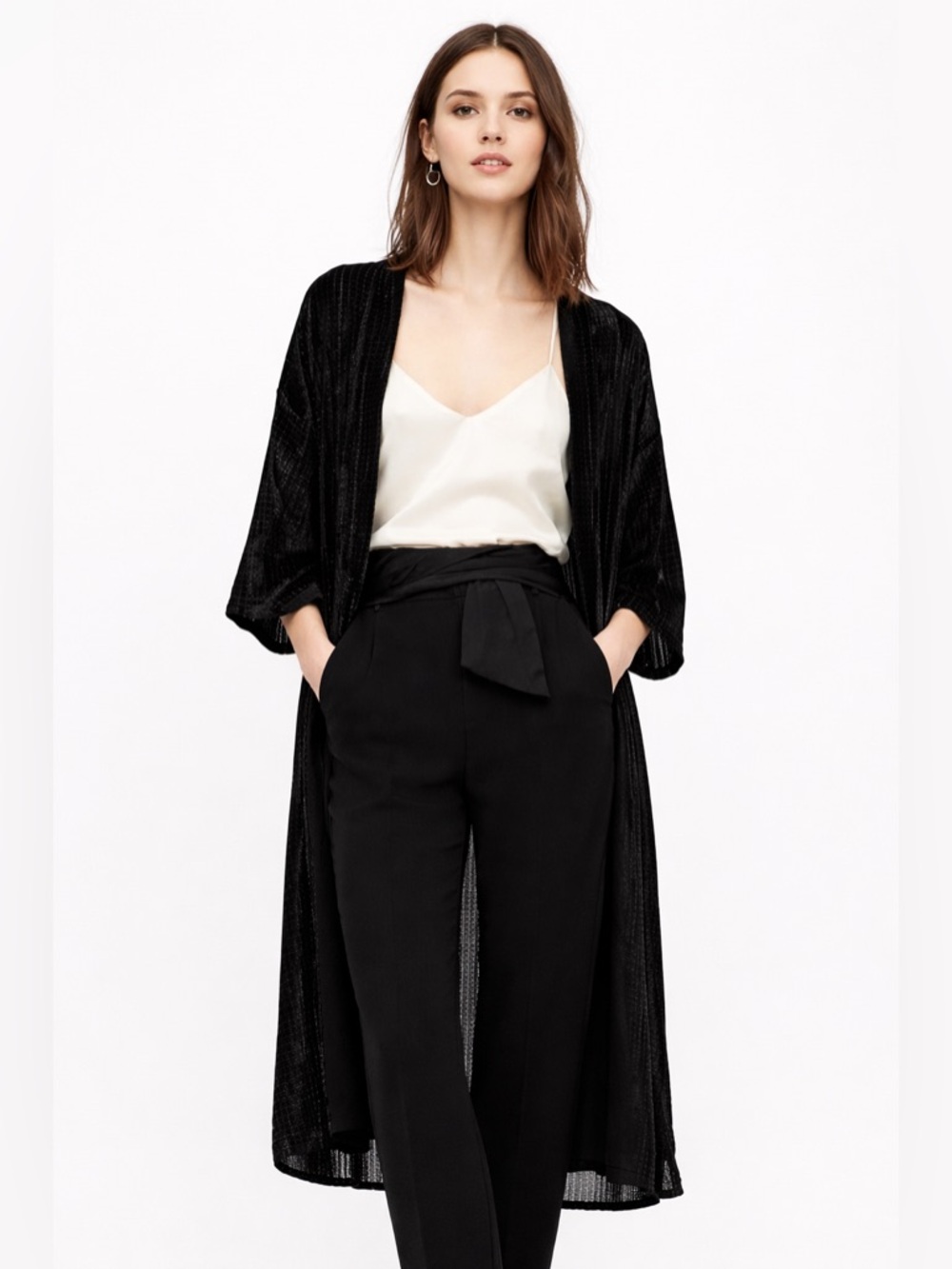 Mango Velvet Metallic Textured Open Front Maxi Kimono Kaftan in Black